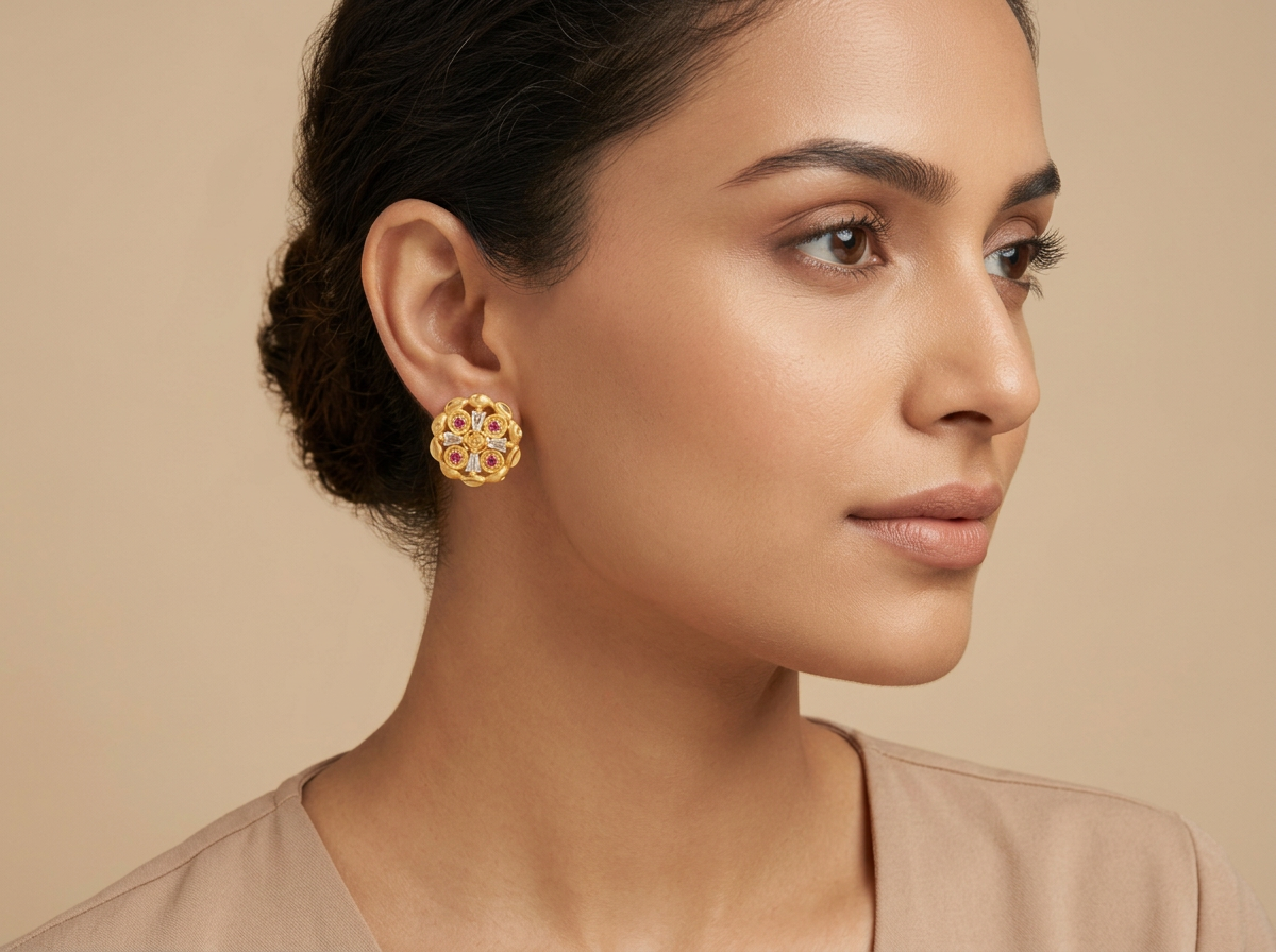 Model wearing the Anaar matte gold floret studs with ruby and baguette stones