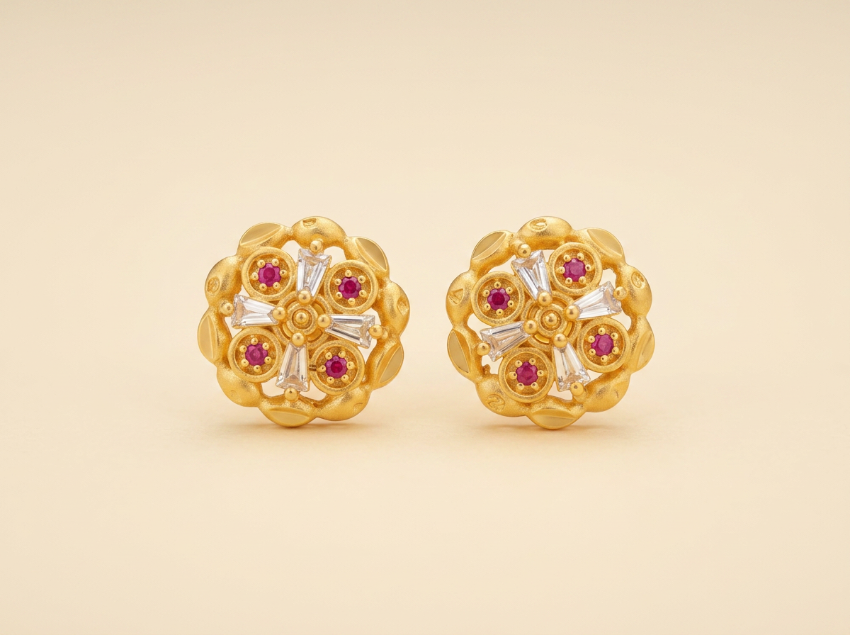 Anaar — Matte gold florets with ruby & baguette stones