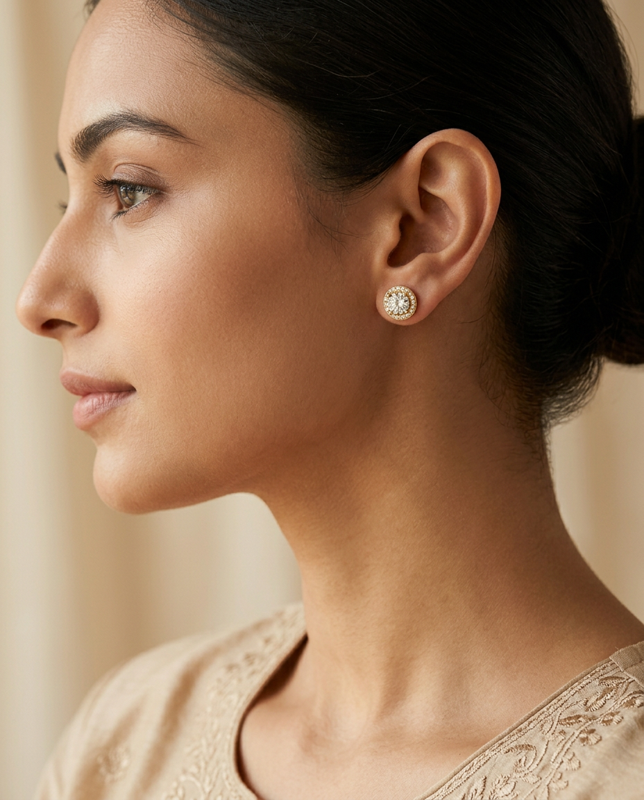 Model wearing the Bindu gold halo solitaire stud earrings