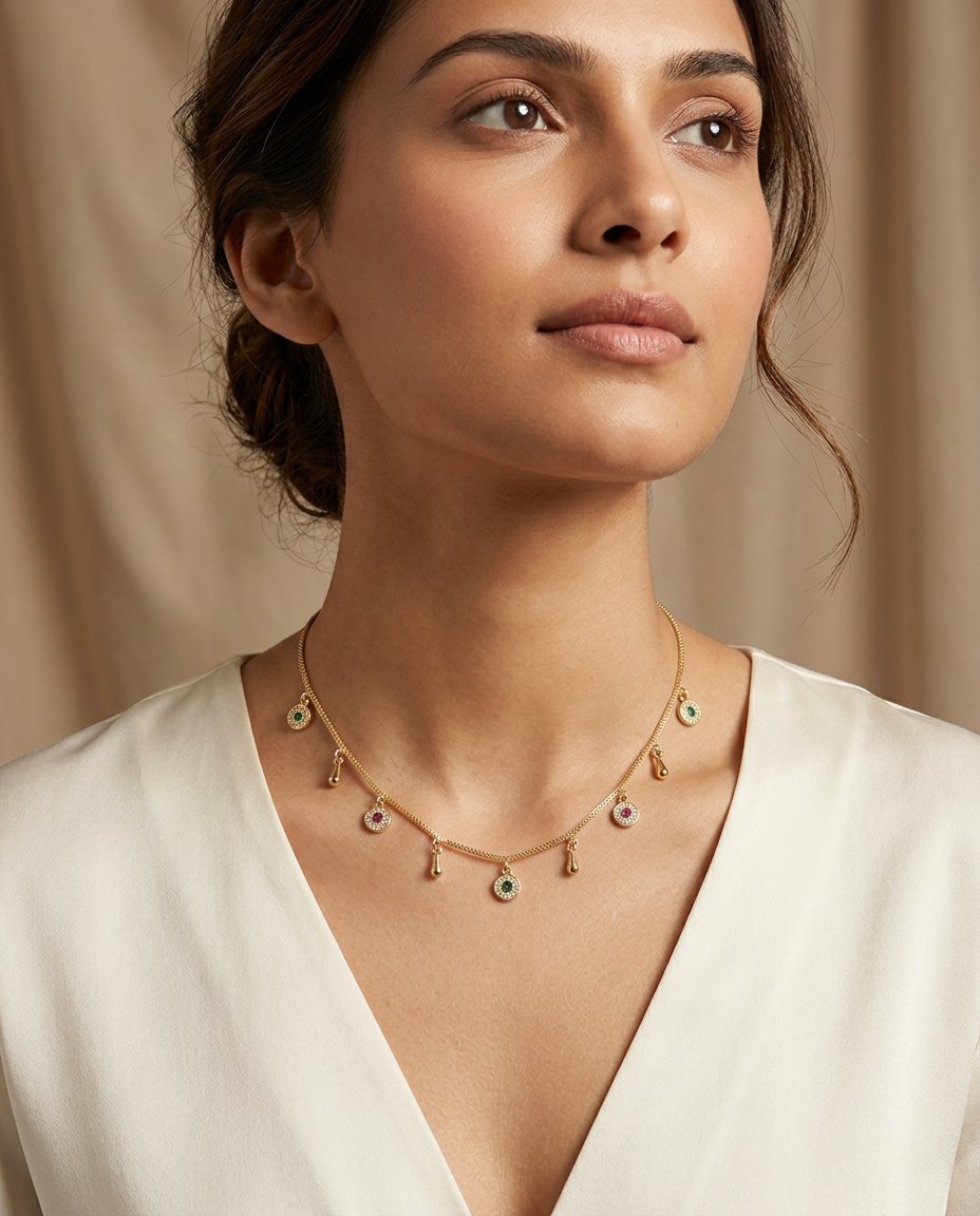 Model wearing the Boondi delicate gold charm chain necklace