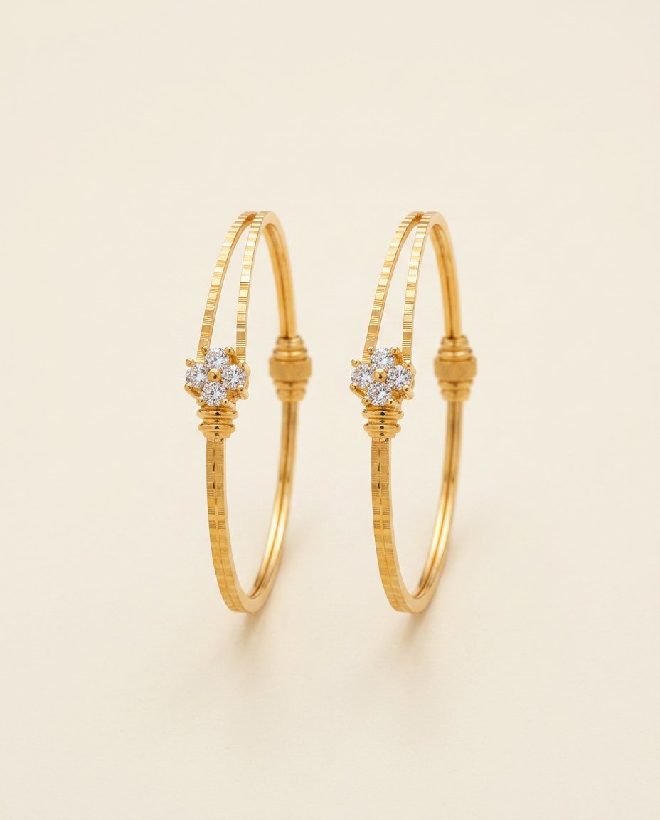Chameli — Slim textured gold bangles with crystal flower