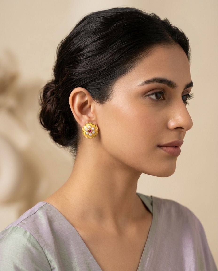 Model wearing the Champa yellow enamel and pearl floret stud earrings