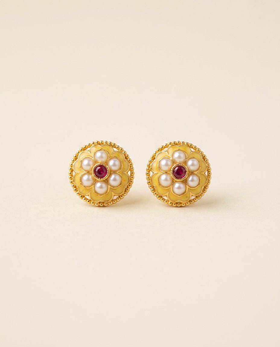 Champa — Yellow enamel & pearl floret studs