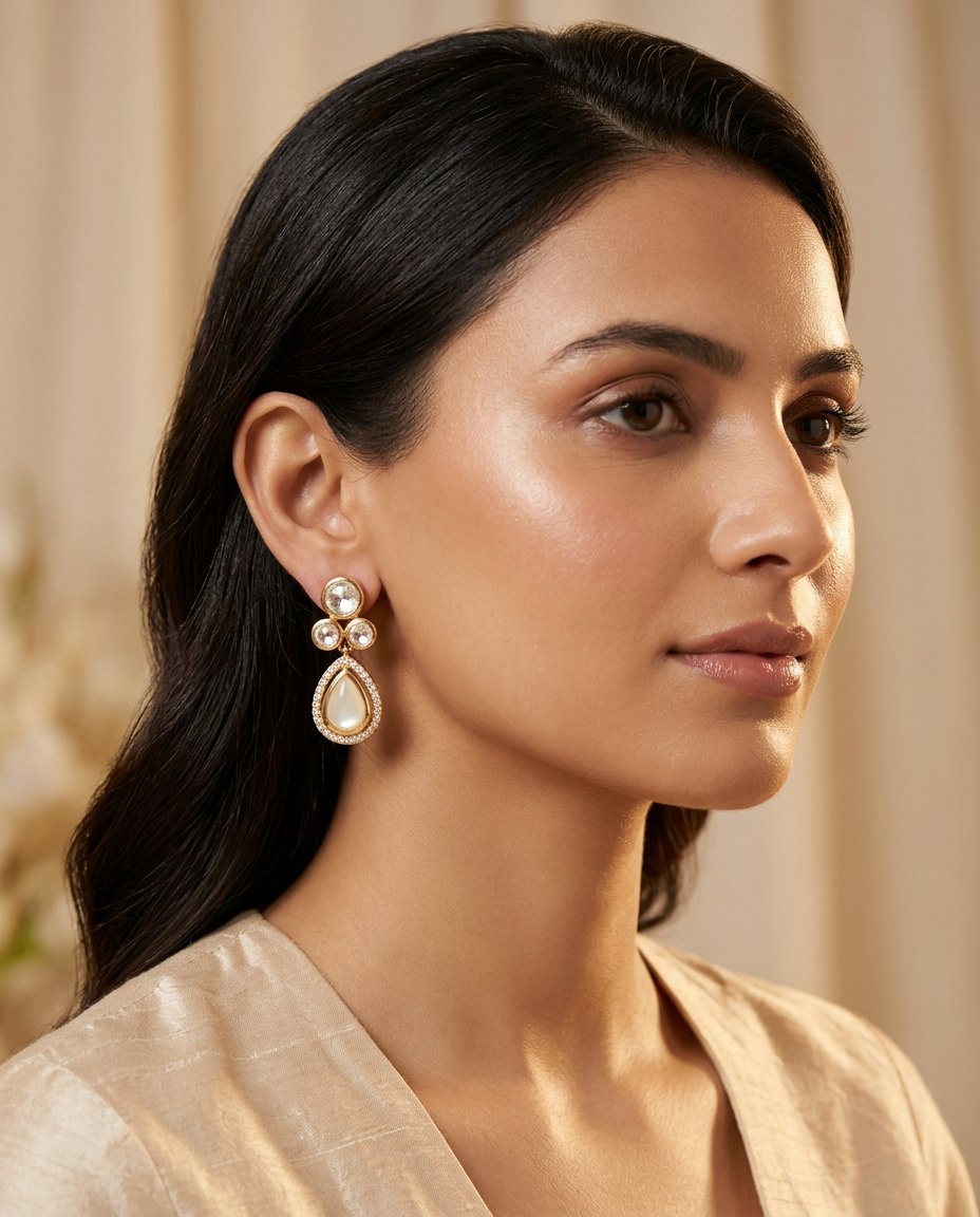 Model wearing the Chandni polki drop earrings with moonstone teardrop