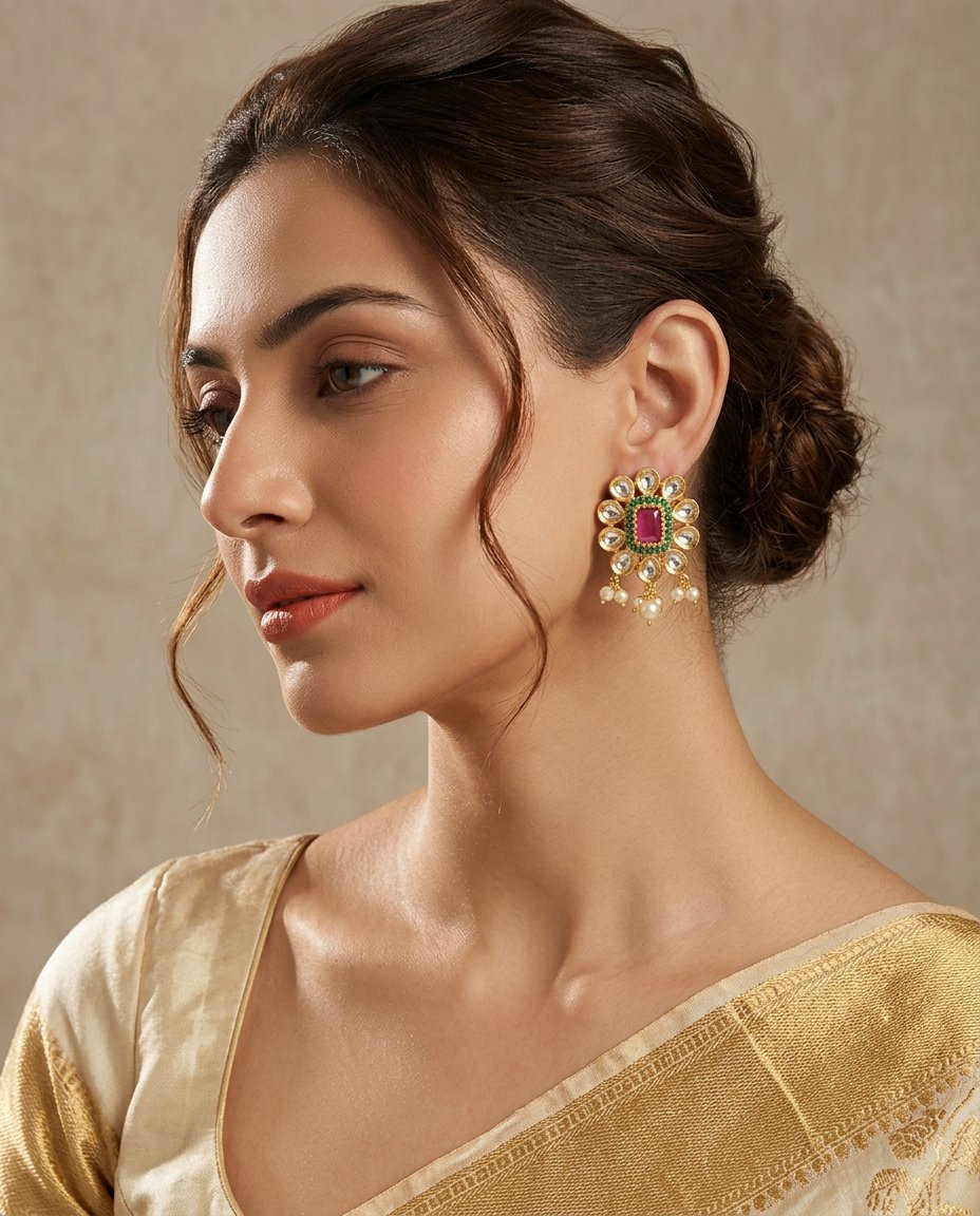 Model wearing the Gulab pink kundan floral studs with pearl drops