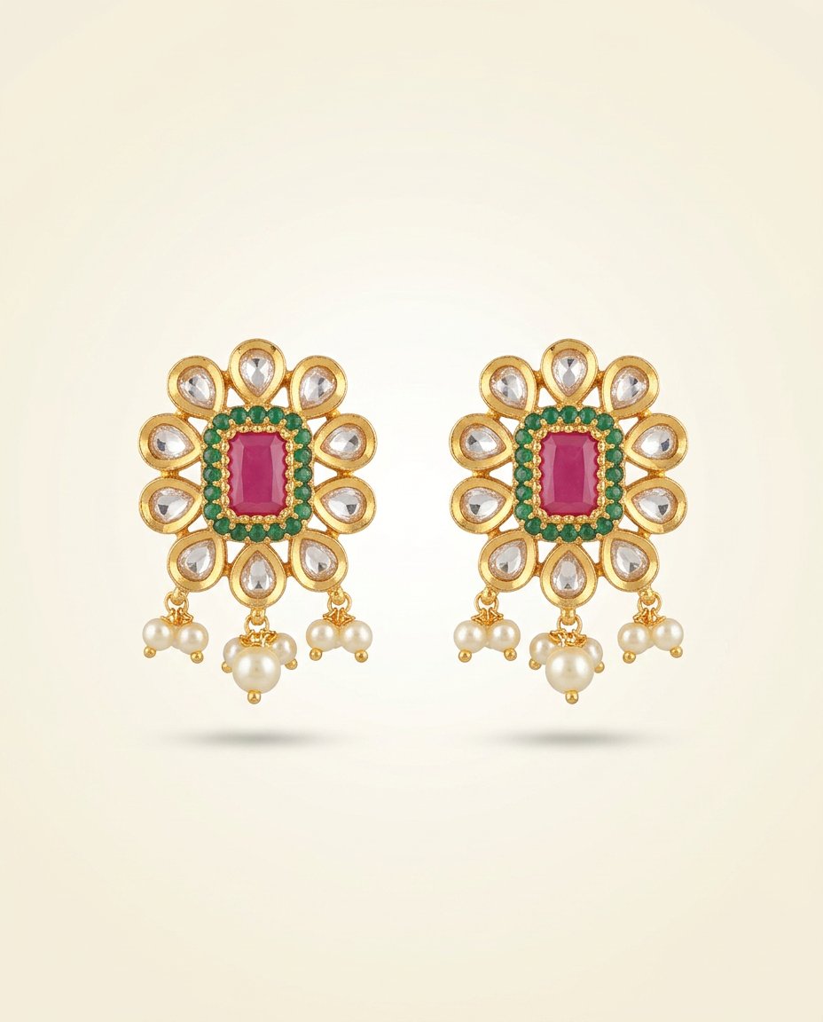 Gulab — Pink kundan floral studs with pearl drops