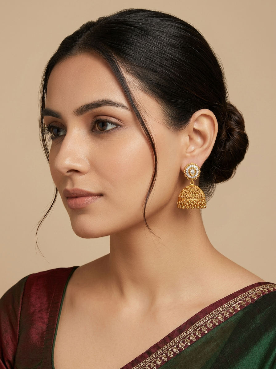 Model wearing the Jaali gold filigree jhumka earrings with crystal flower tops