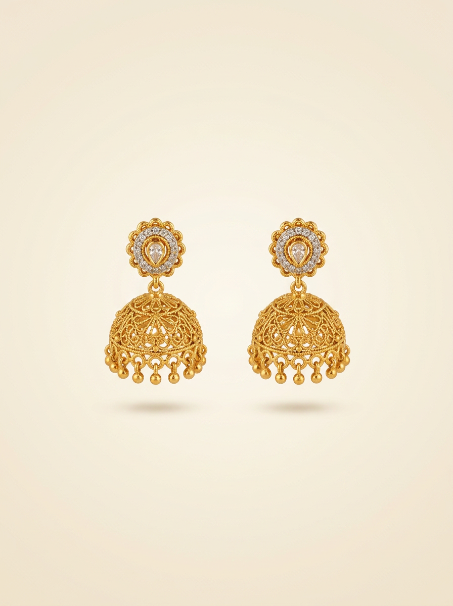 Jaali — Gold filigree jhumkas with crystal flower top