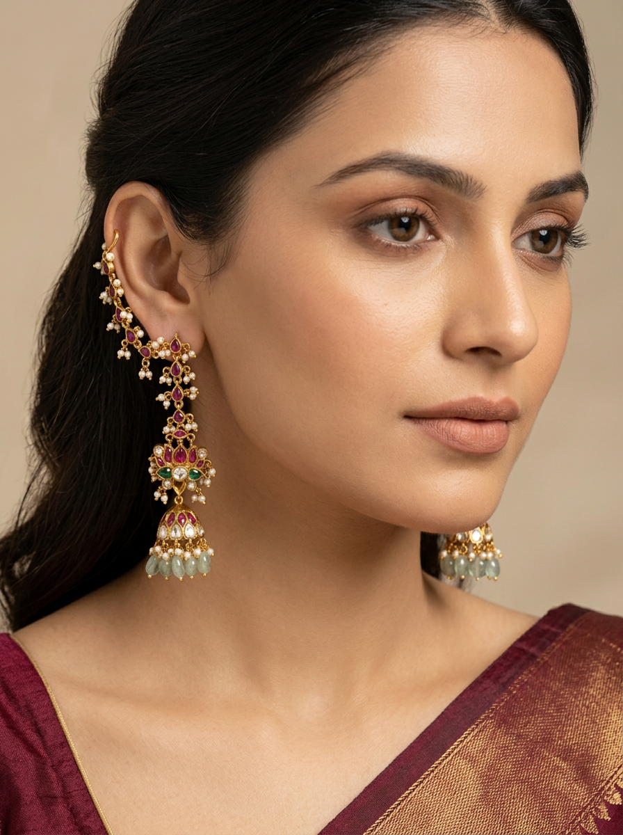 Model wearing the Jhumar long ruby jhumka earrings with pearl ear chains