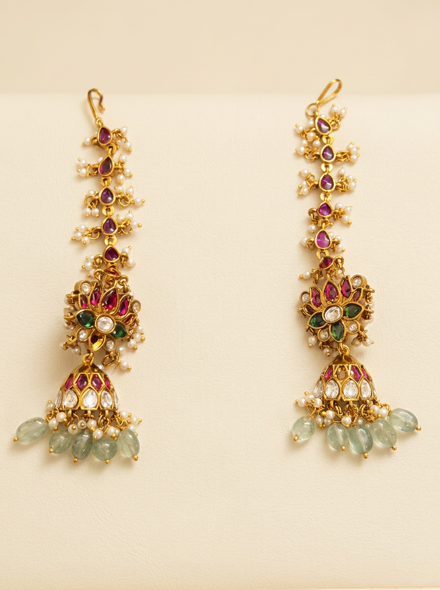Jhumar — Long ruby jhumkas with ear chain & green drops