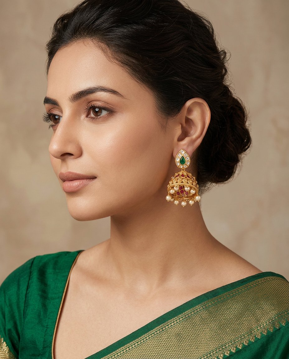 Model wearing the Ratna Jhumki pearl-fringe gold jhumka earrings