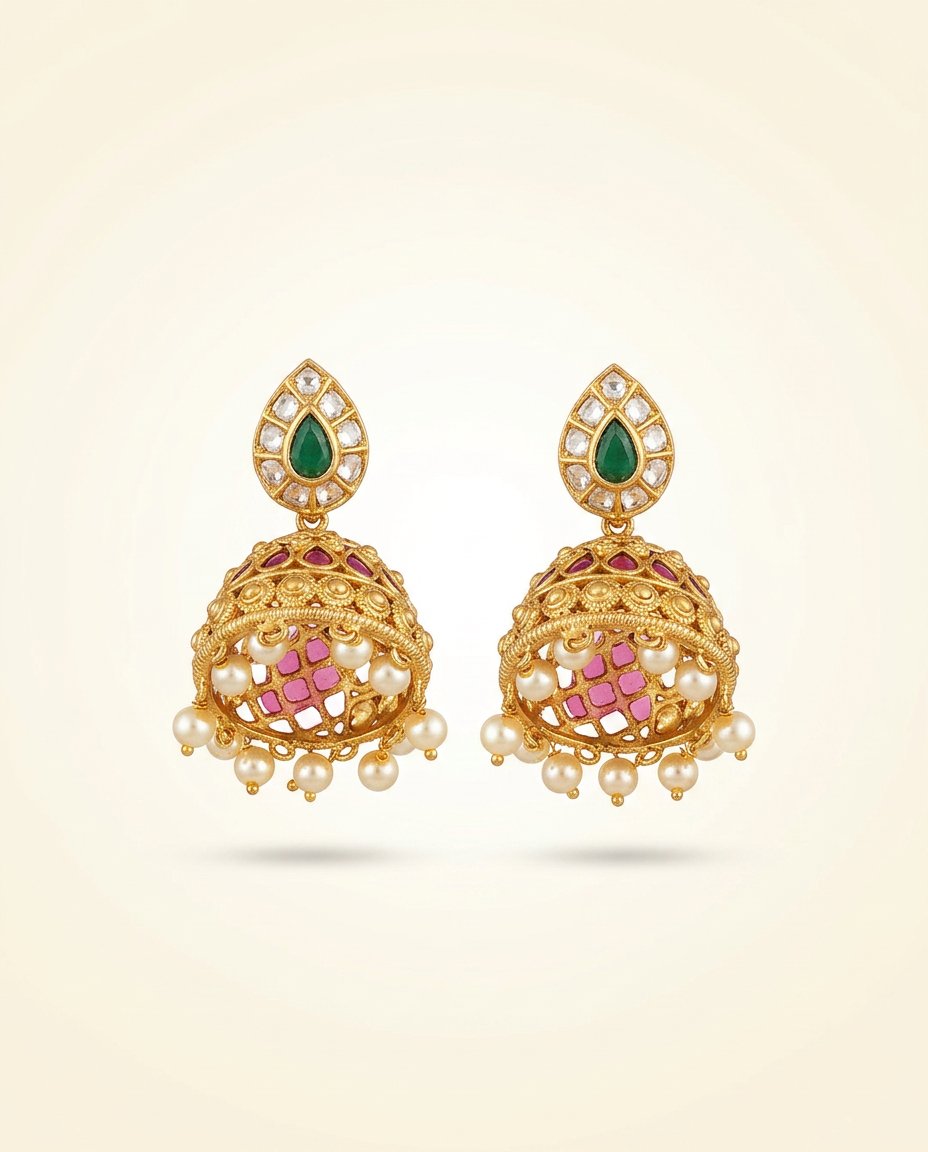 Ratna Jhumki — Pearl-fringe jhumkas with emerald tops