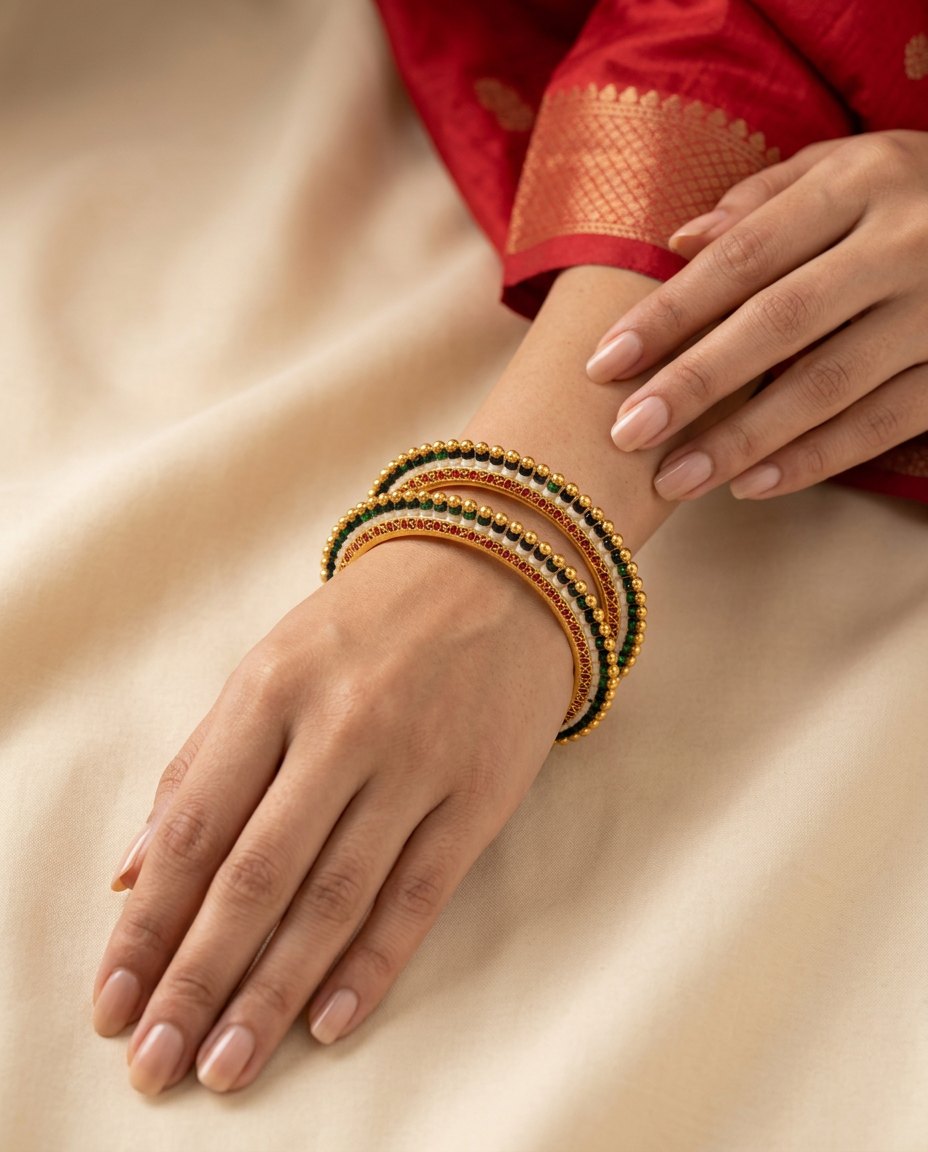 Model wearing the Kajal Chudi black-bead and red meenakari gold bangles
