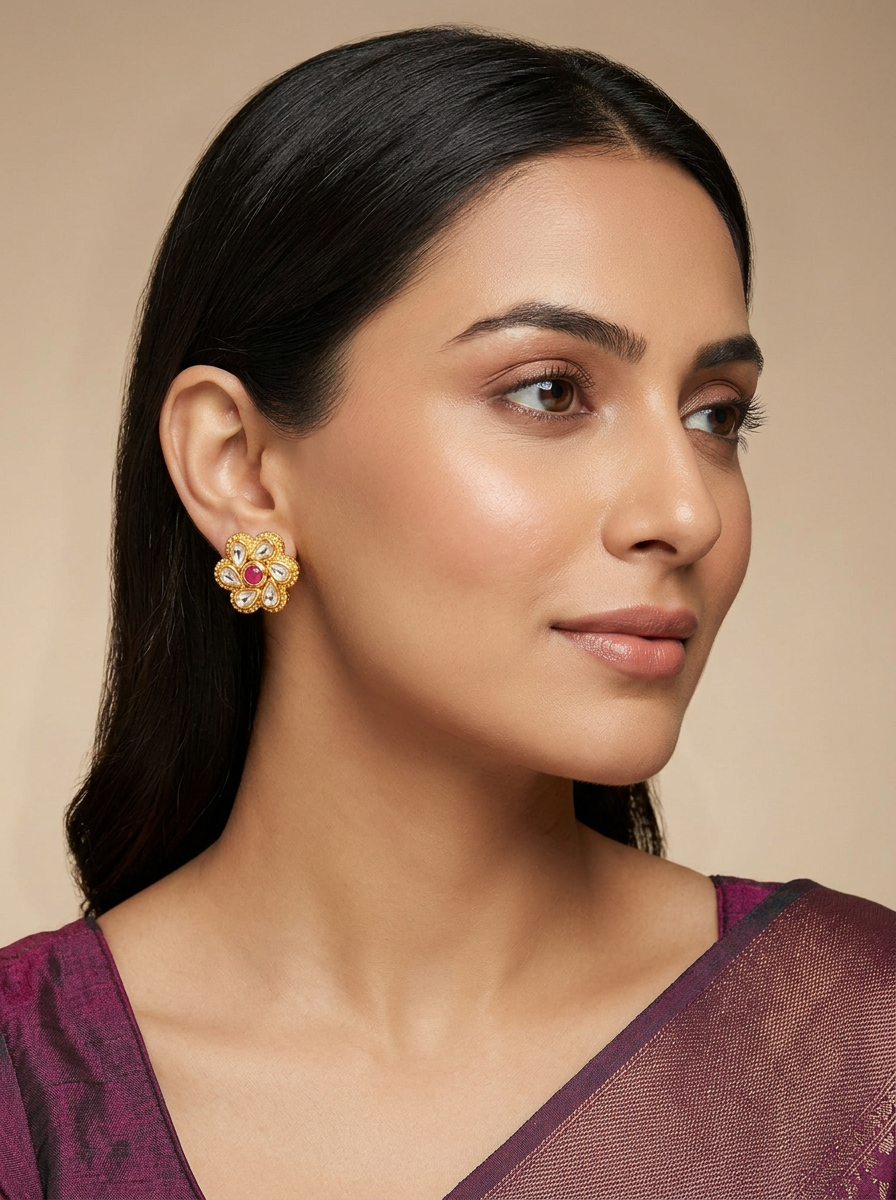 Model wearing the Kali kundan floral studs with a pink-ruby centre