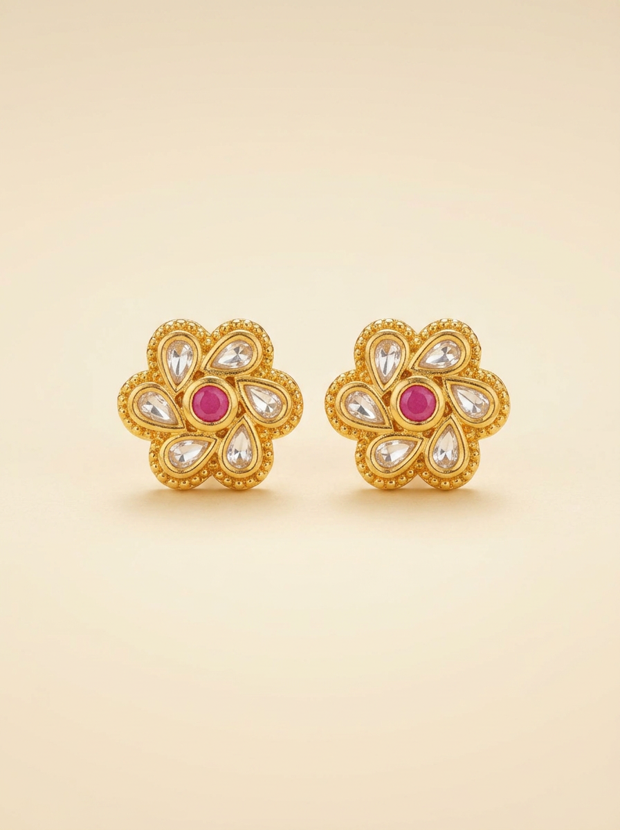 Kali — Kundan floral studs with pink-ruby centre