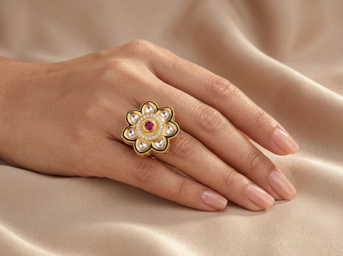 Model wearing the Kamal polki lotus ring with a ruby centre