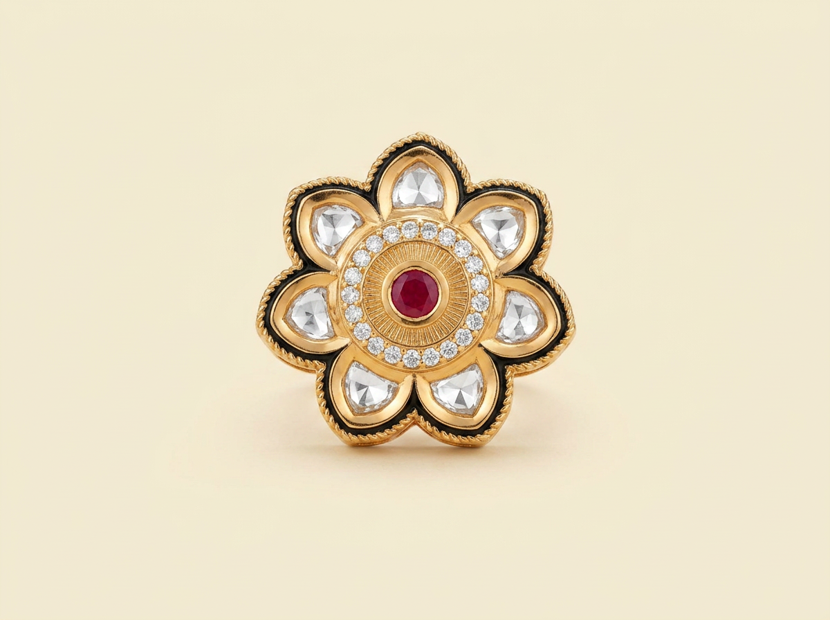 Kamal — Polki lotus ring with ruby centre