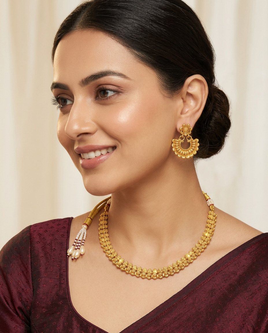 Model wearing the Kanchan gold-tone floral necklace and chandbali earrings