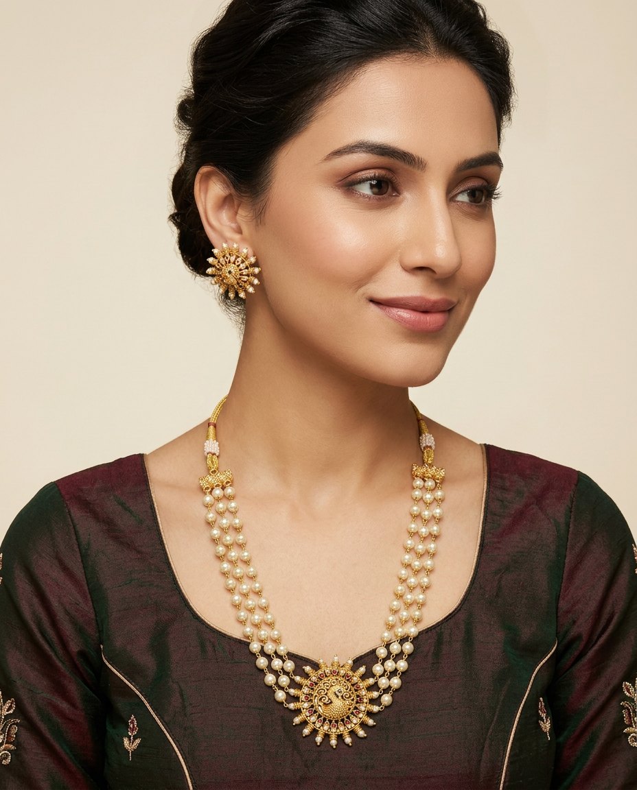 Model wearing the Mayuri triple-strand pearl and peacock kundan necklace