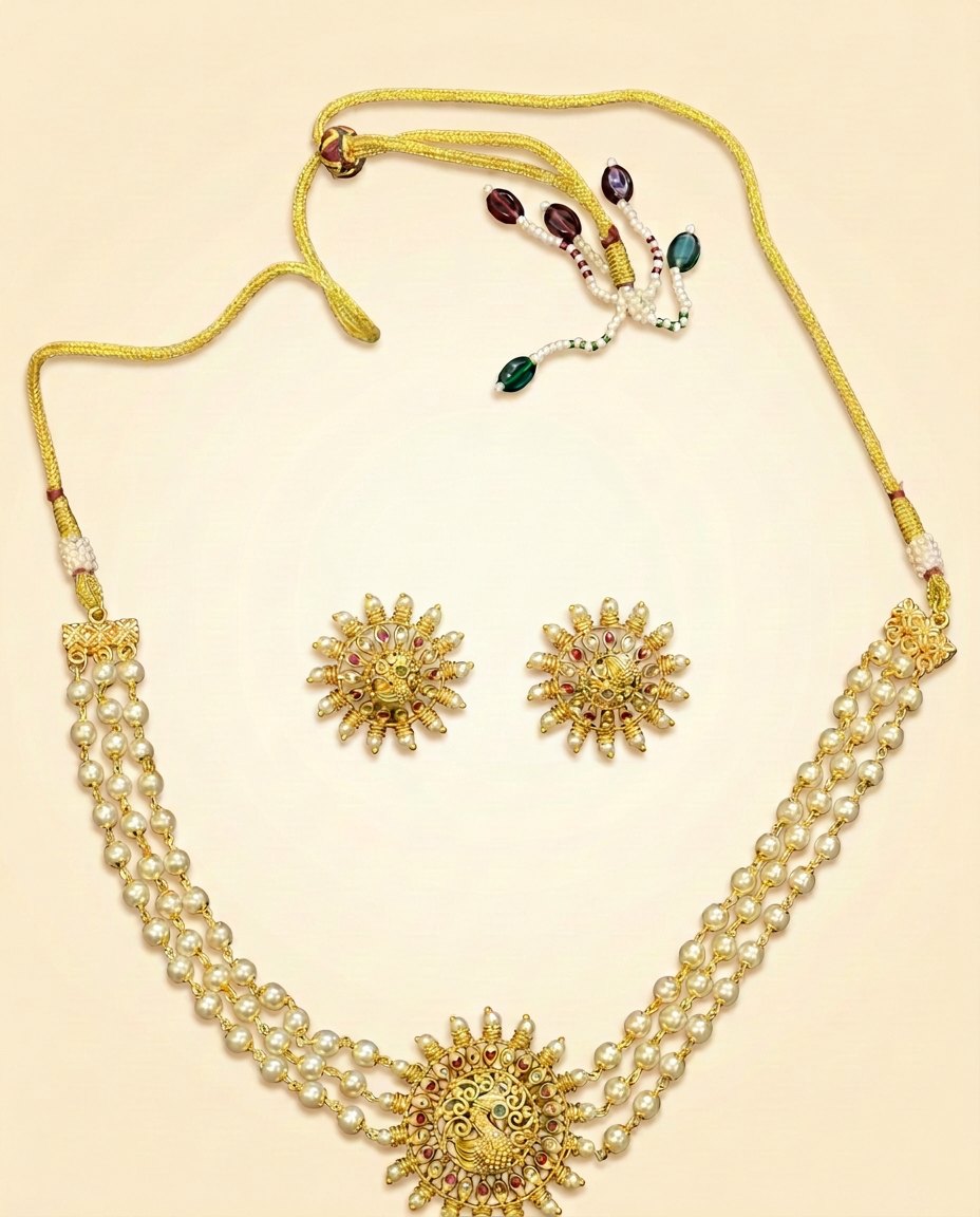 Mayuri — Triple-strand pearl & peacock kundan set