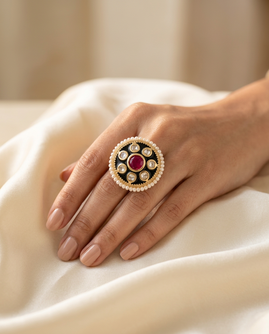 Model wearing the Meena polki statement ring with black meenakari enamel