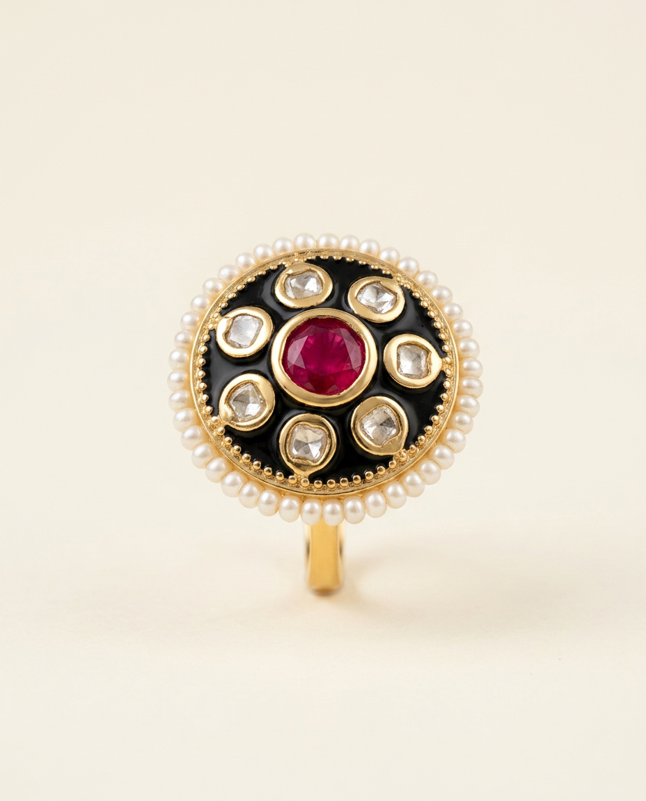 Meena — Polki statement ring with black meenakari