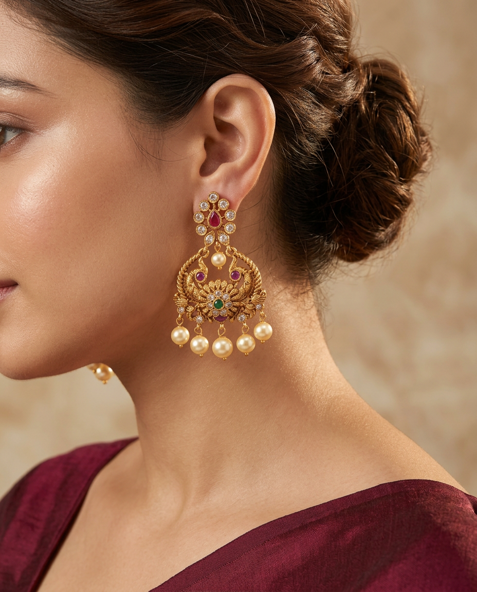 Model wearing the Meher antique-gold chandbali earrings with peacock motifs