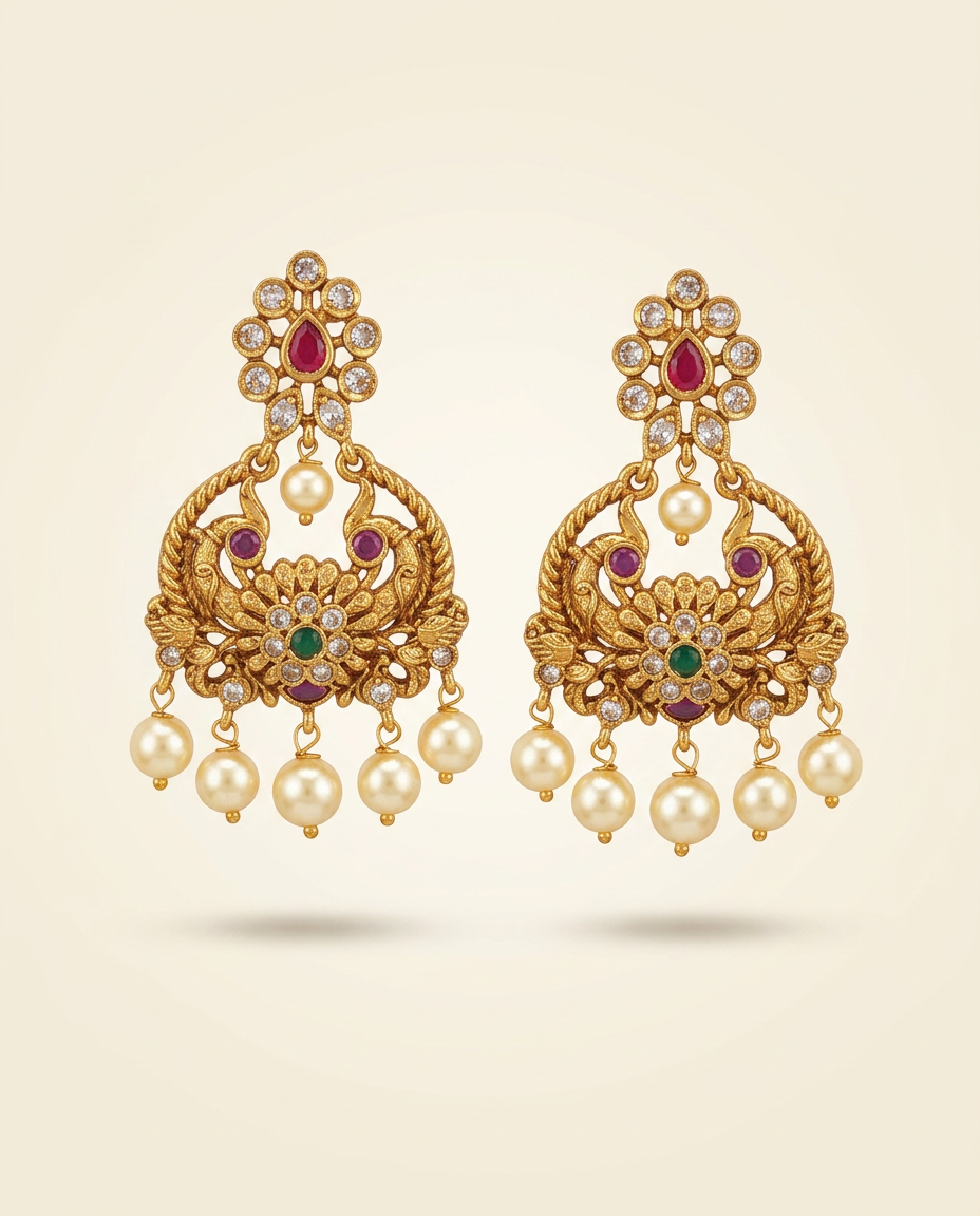 Meher — Antique-gold chandbali with peacock motifs
