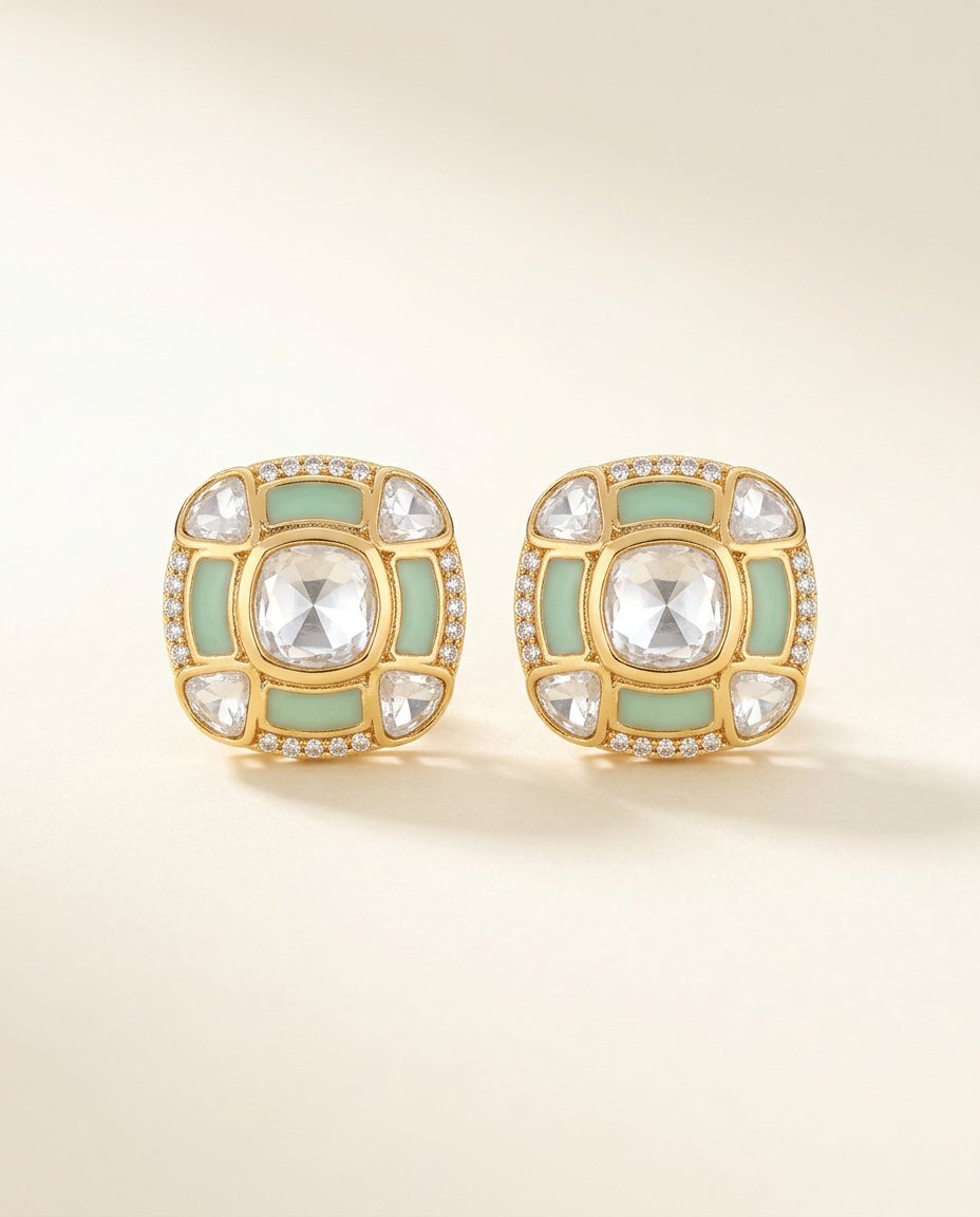 Pudina — Mint enamel & polki cushion studs