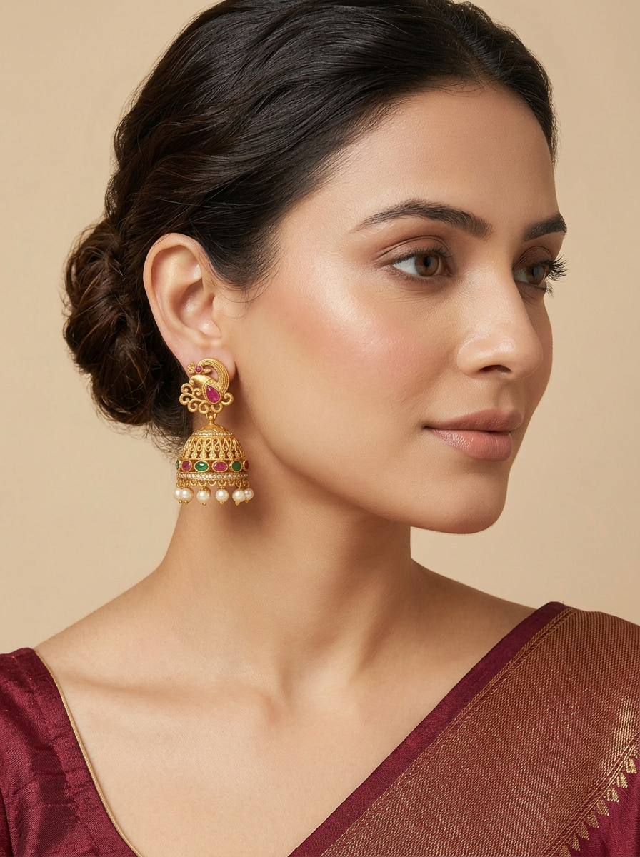 Model wearing the Mor antique-gold peacock jhumkas with pearl drops