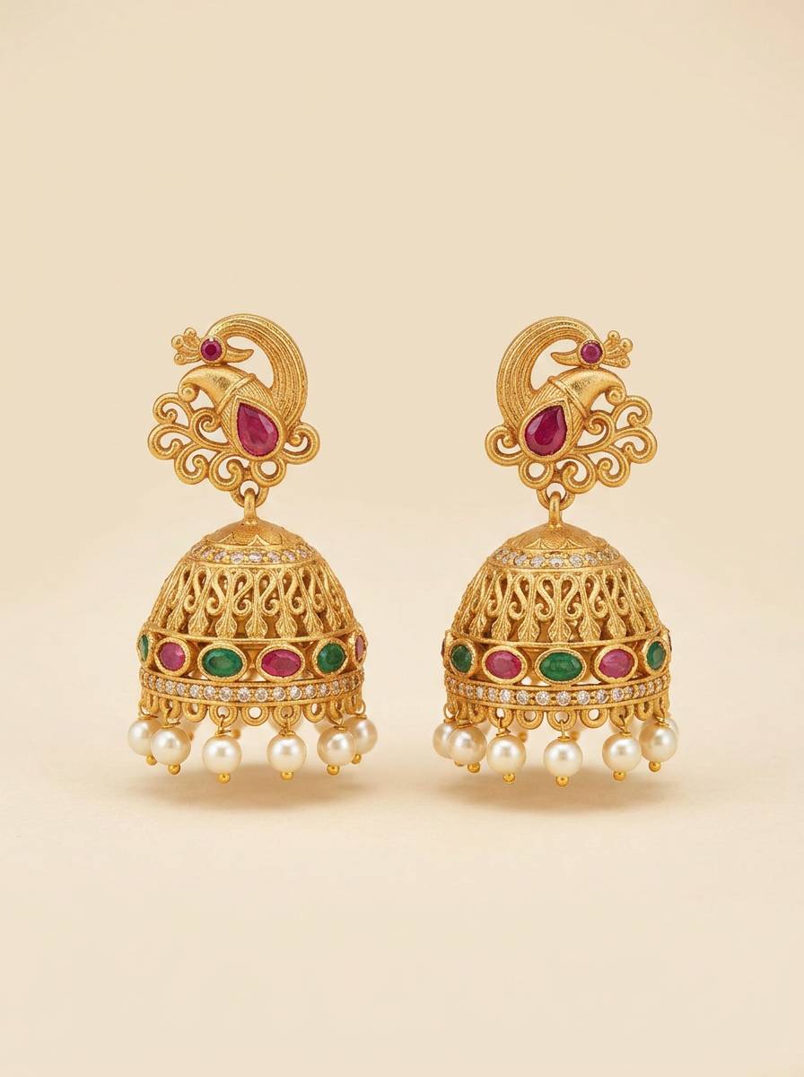 Mor — Antique-gold peacock jhumkas with pearl drops