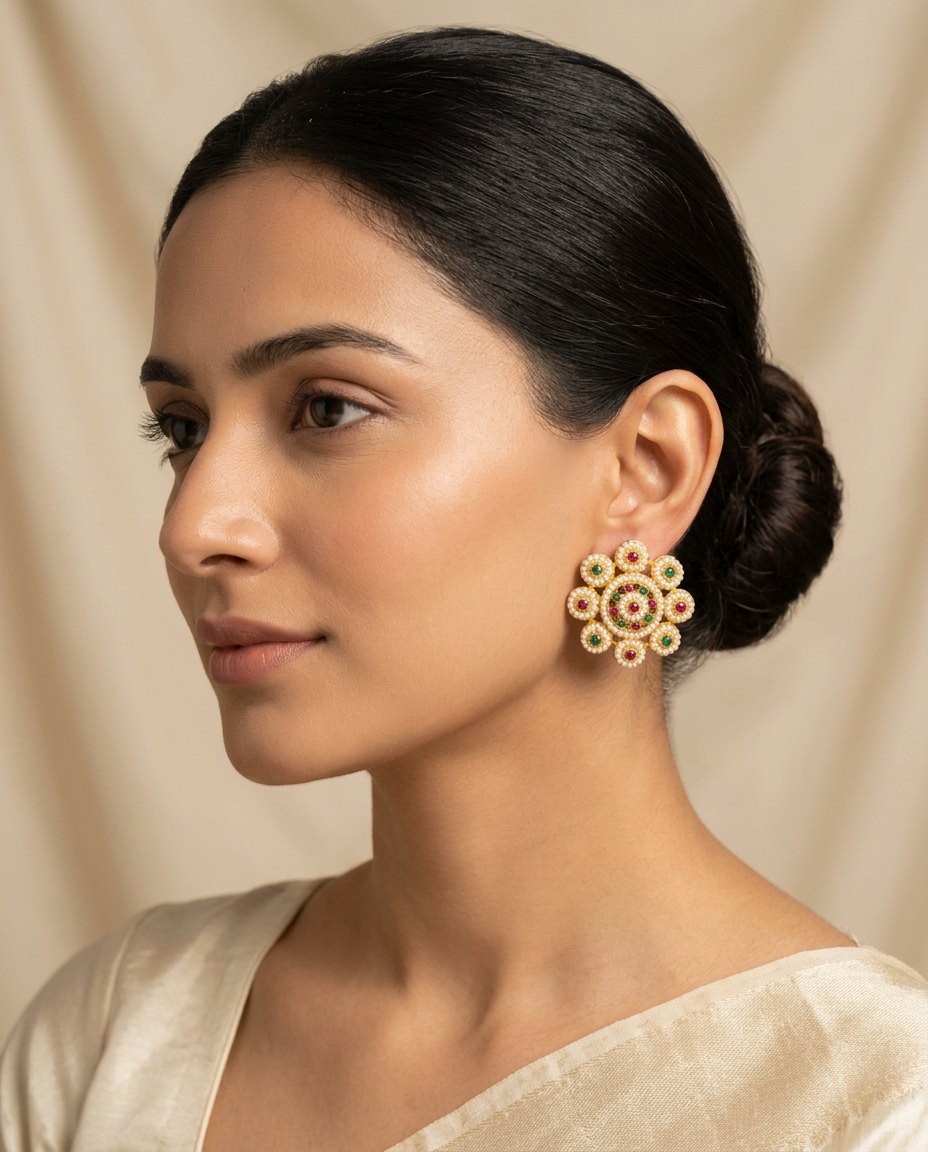 Model wearing the Moti Phool large pearl and kundan flower stud earrings