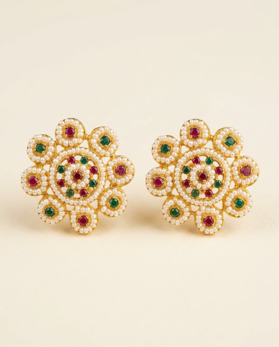 Moti Phool — Large pearl & kundan flower studs
