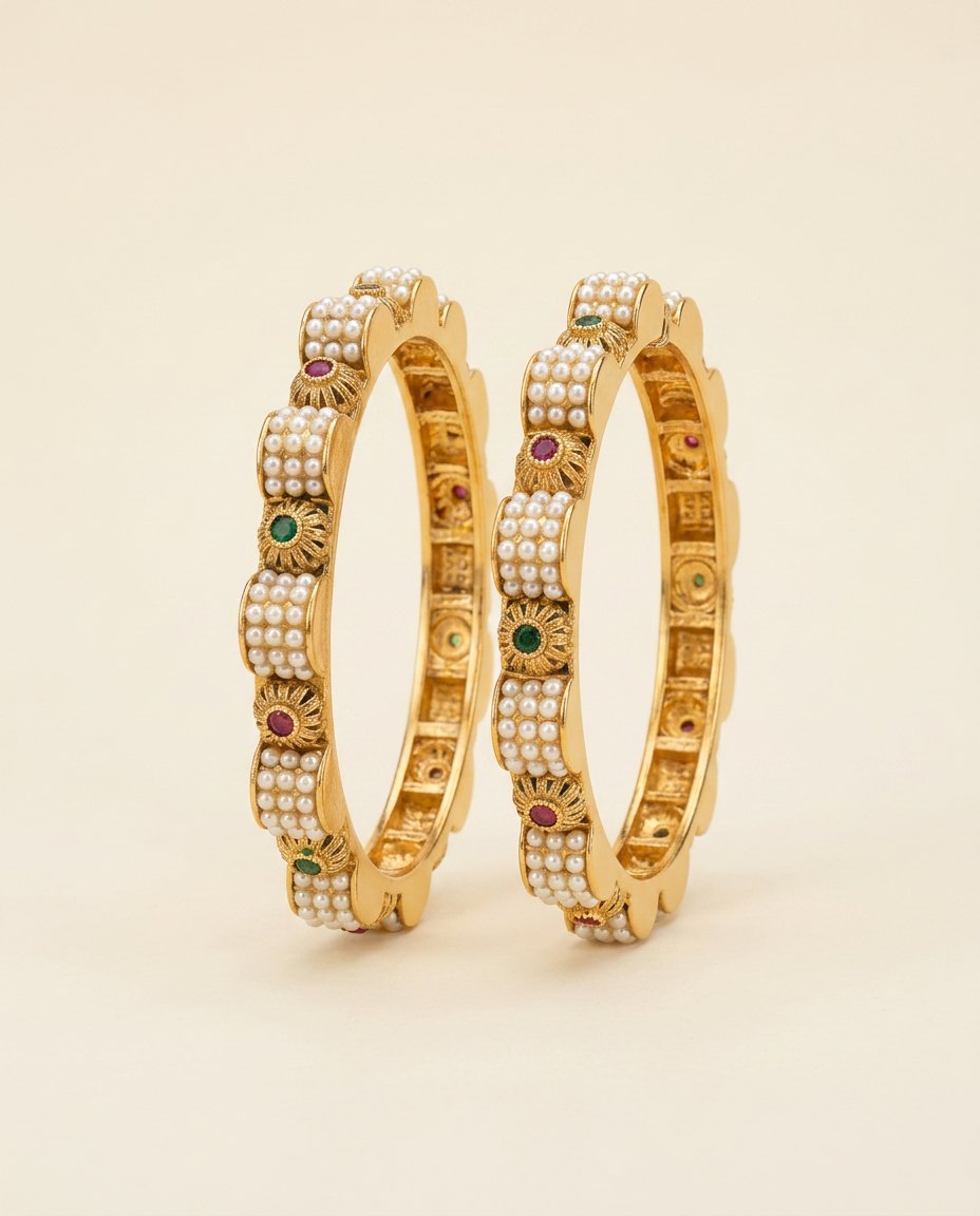 Motiya Kada — Pearl-set gold bangles, pair
