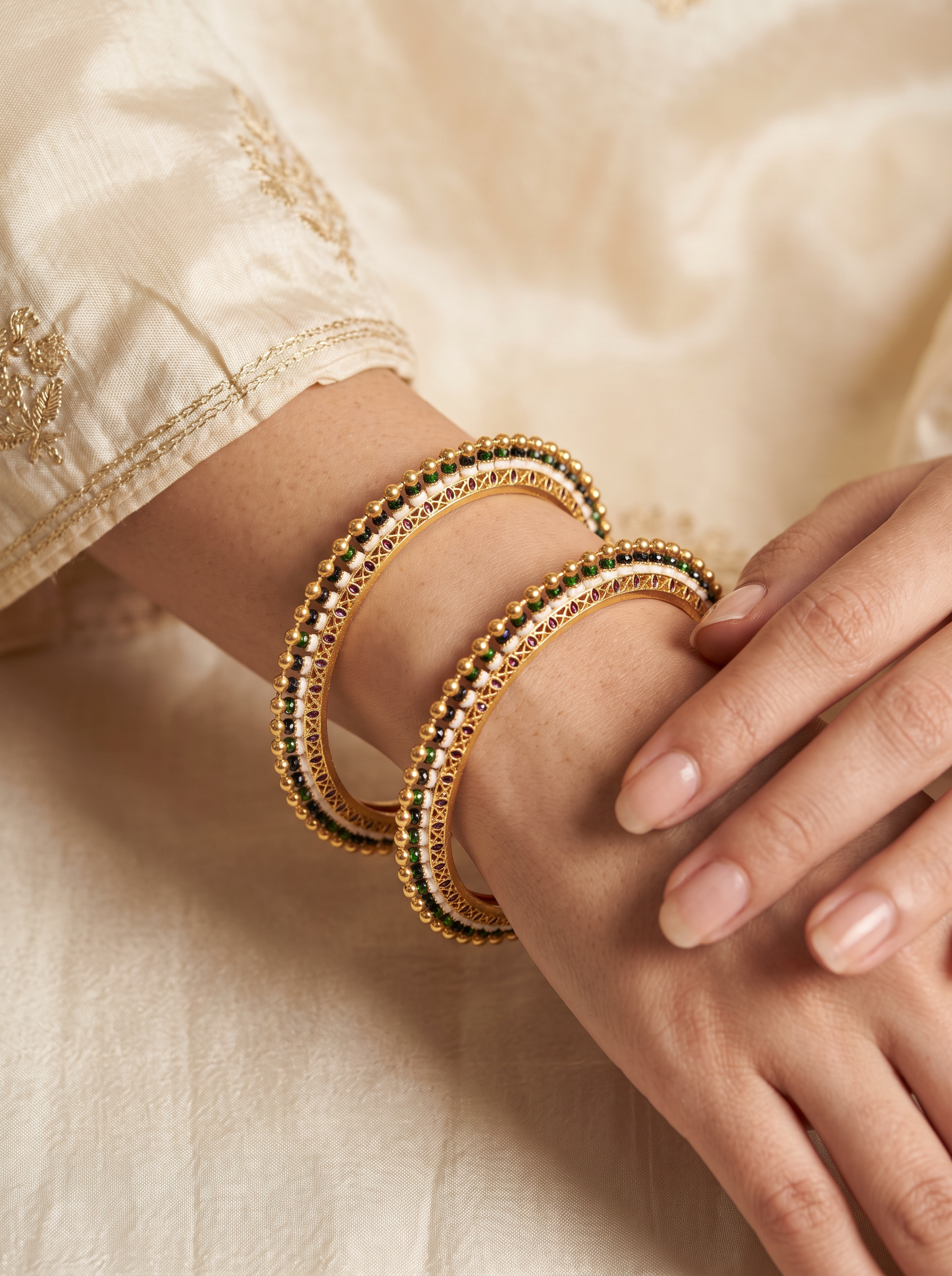 Model wearing the Nauras pair of meenakari enamel gold bangles
