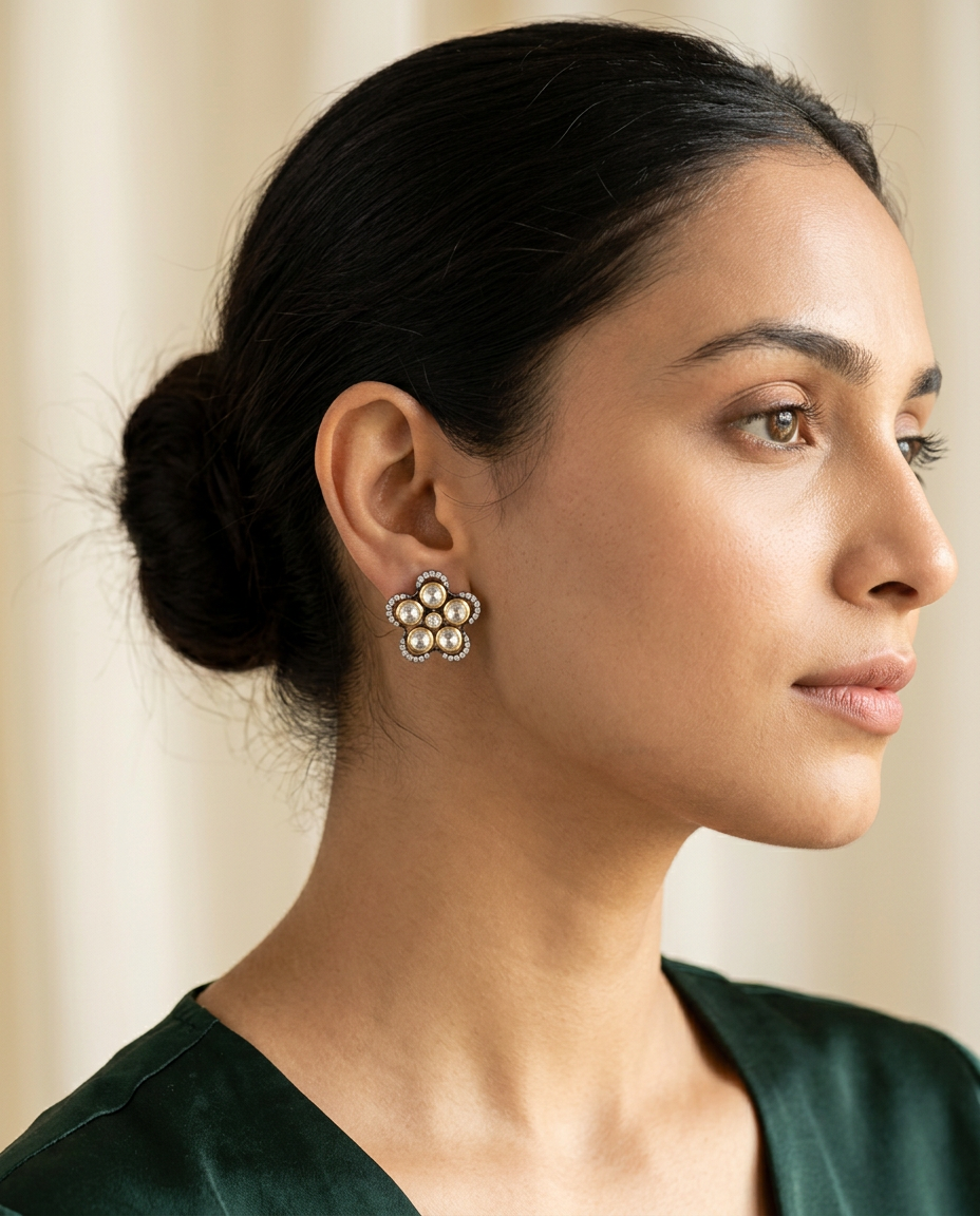 Model wearing the Panchphool five-petal polki flower stud earrings
