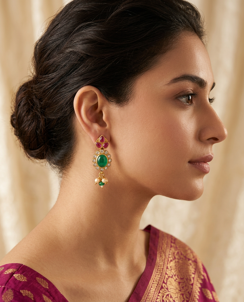 Model wearing the Panna ruby and emerald drop earrings with pearl fringe