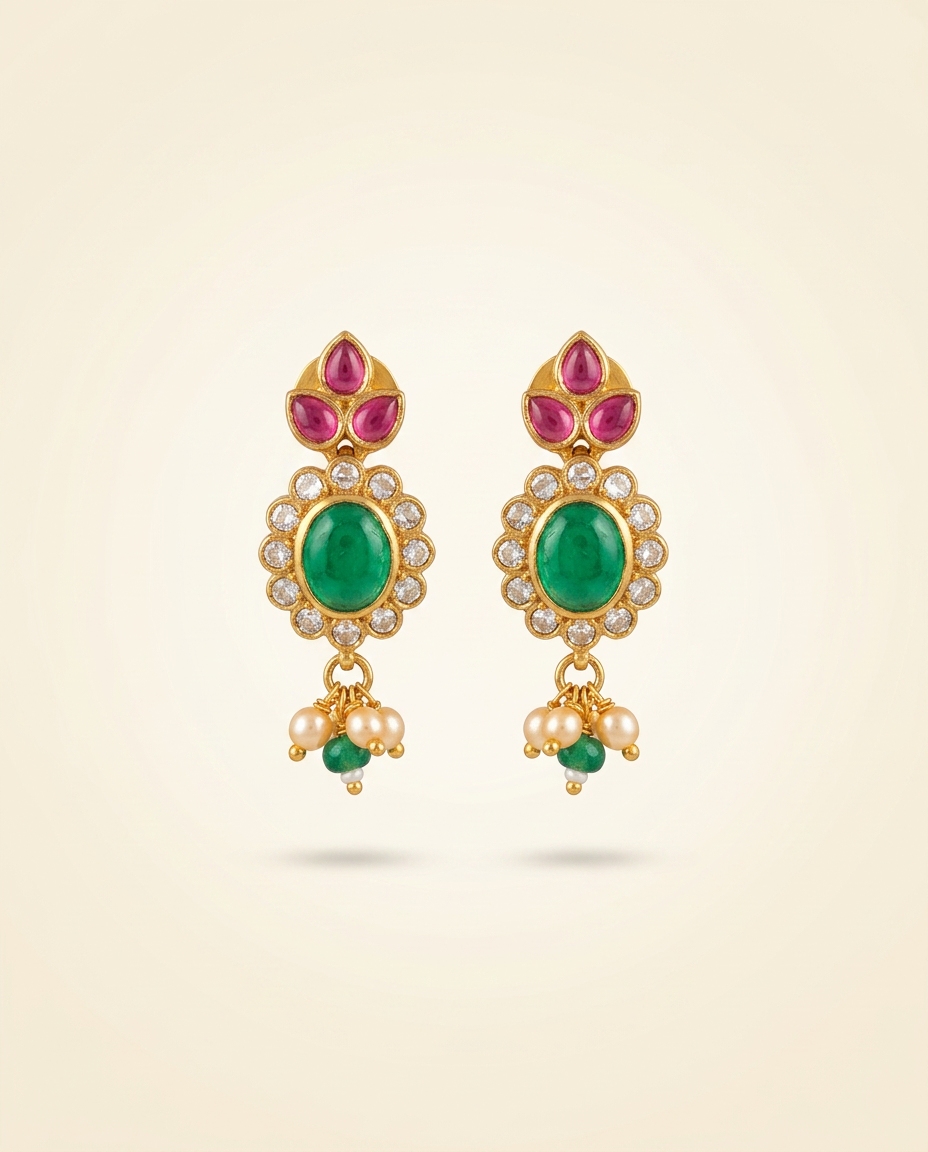 Panna — Ruby and emerald drops with pearl fringe
