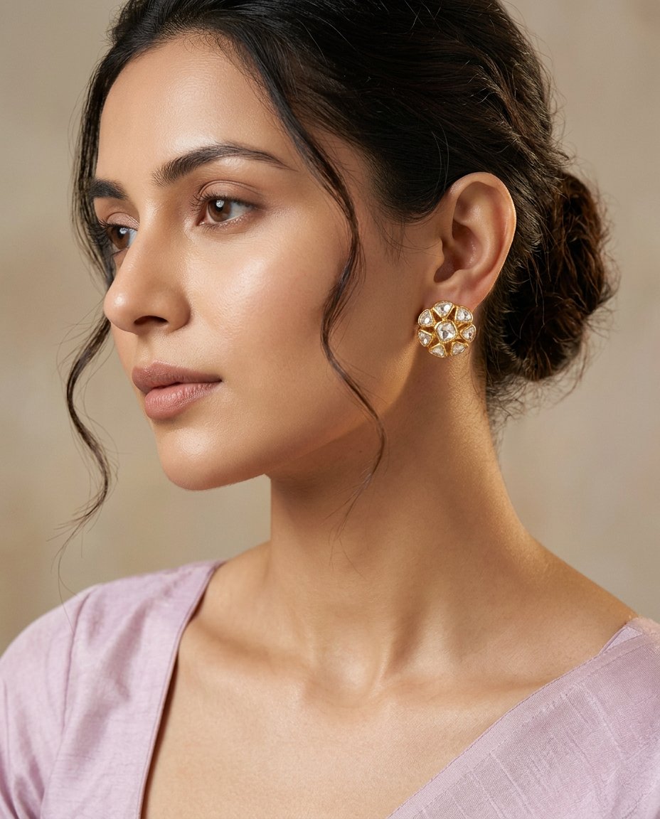 Model wearing the Polki Bel uncut-stone gold cluster stud earrings