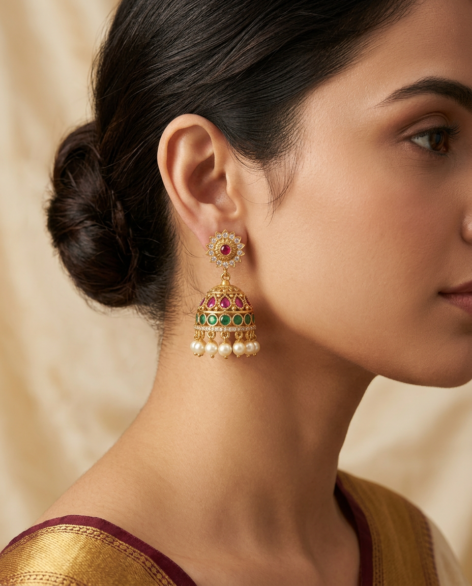 Model wearing the Rangat ruby and emerald jhumka earrings with pearl drops