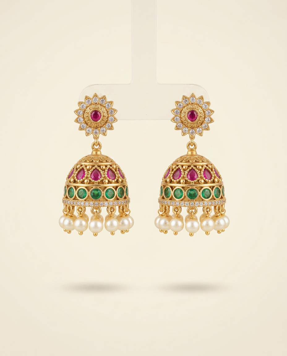 Rangat — Ruby and emerald jhumkas with pearl drops