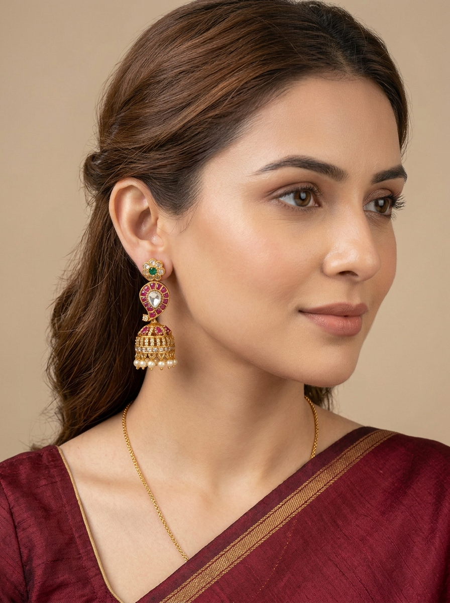Model wearing the Rani kundan jhumkas with ruby lattice and polki drop