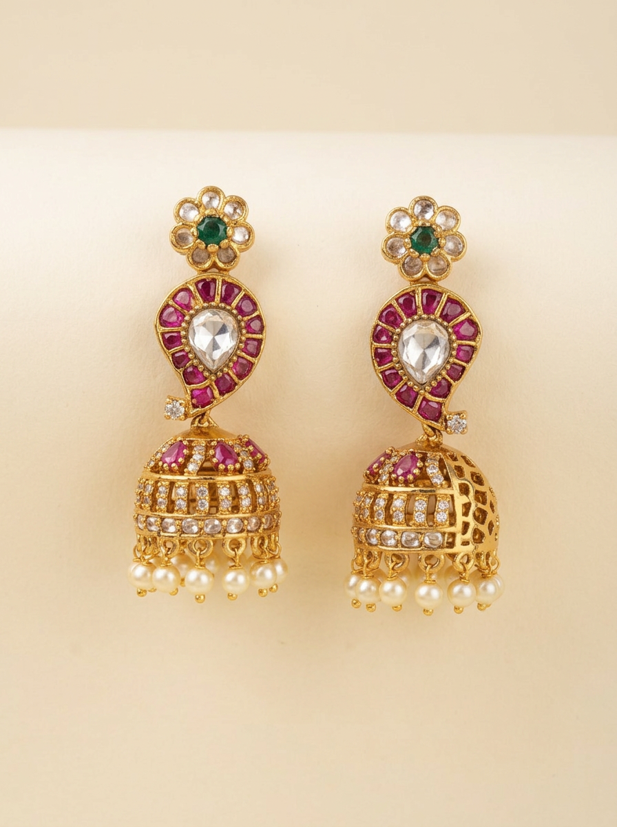 Rani — Kundan jhumkas with ruby lattice & polki drop
