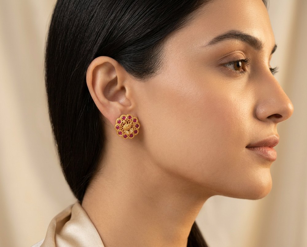 Model wearing the Ruby Bel ruby-pink floral peacock stud earrings