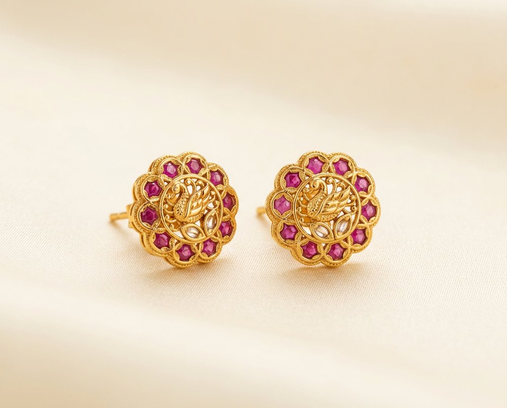 Ruby Bel — Ruby-pink floral peacock studs