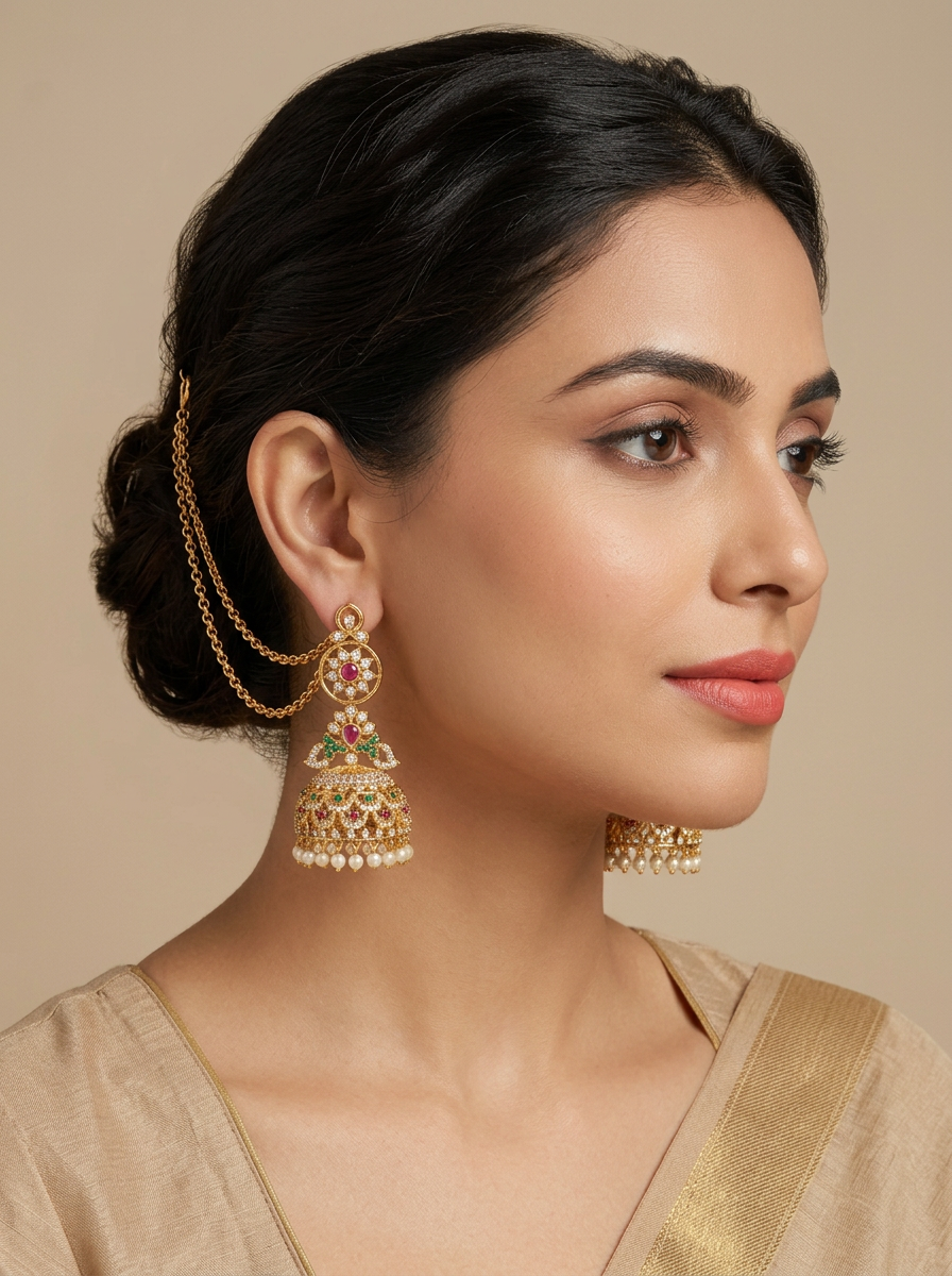 Model wearing the Sahara pearl-fringe jhumkas with gold support chains