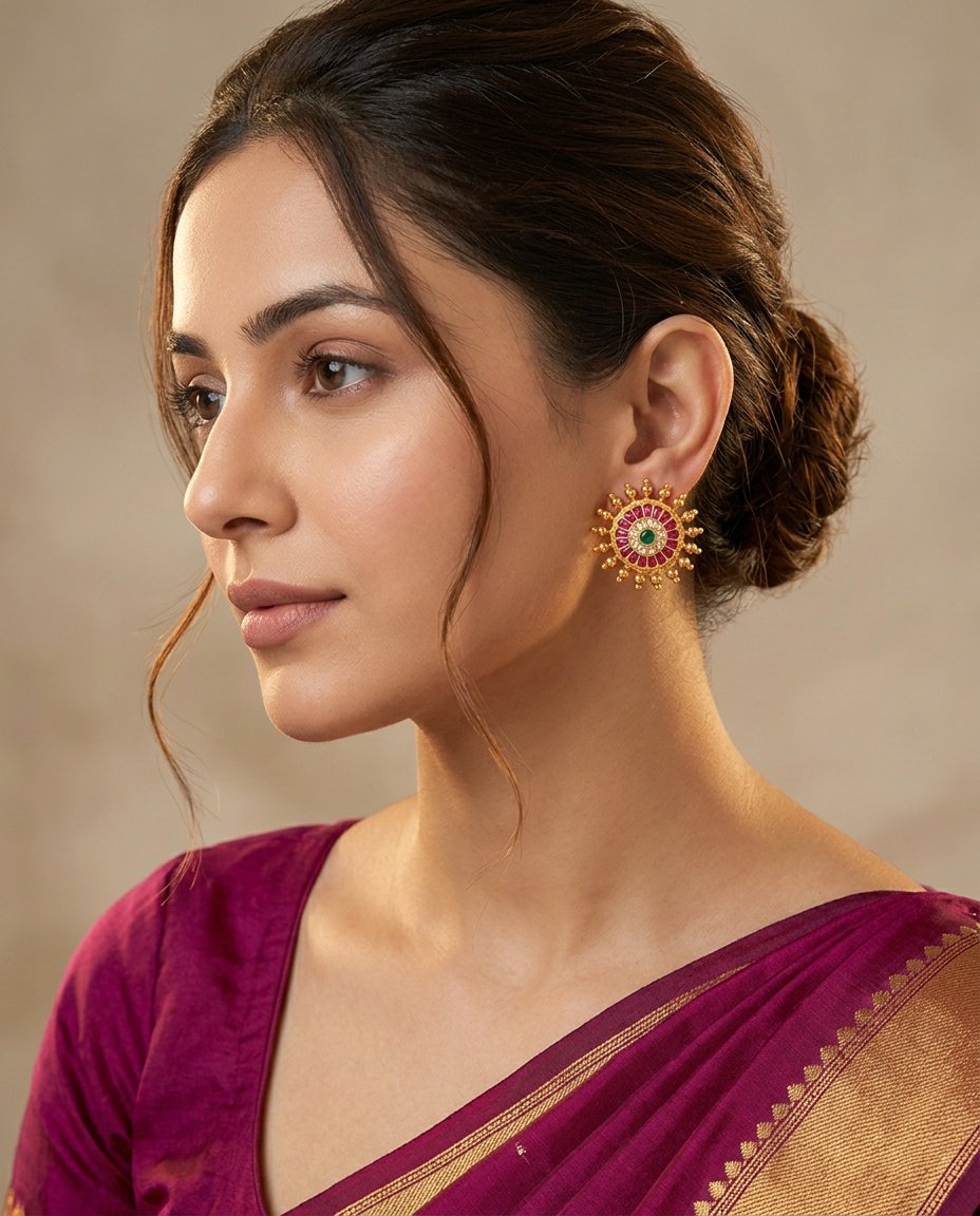Model wearing the Surya ruby sunburst stud earrings