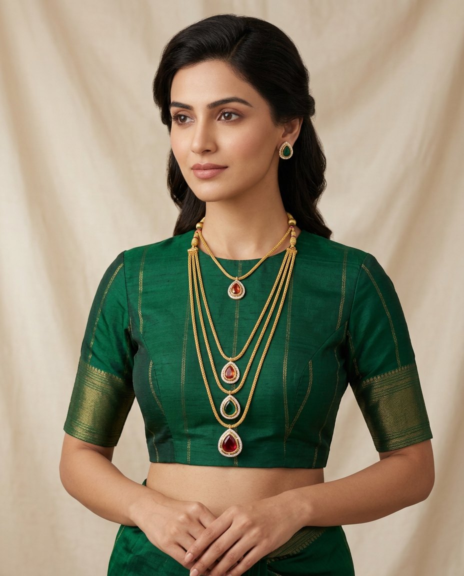Model wearing the Trirang three-layer gemstone pendant necklace