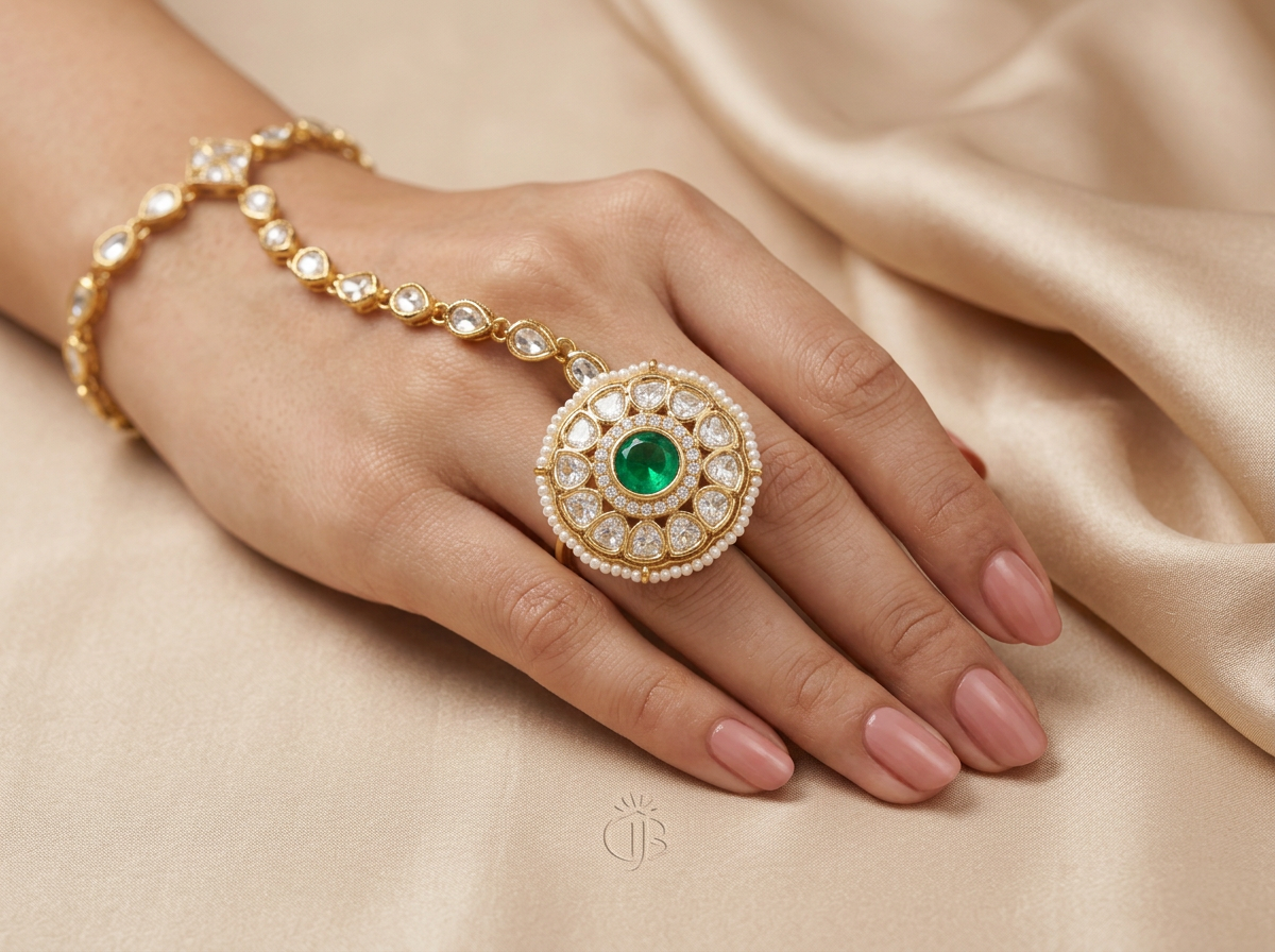 Model wearing the Zamrud emerald polki ring with a pearl border