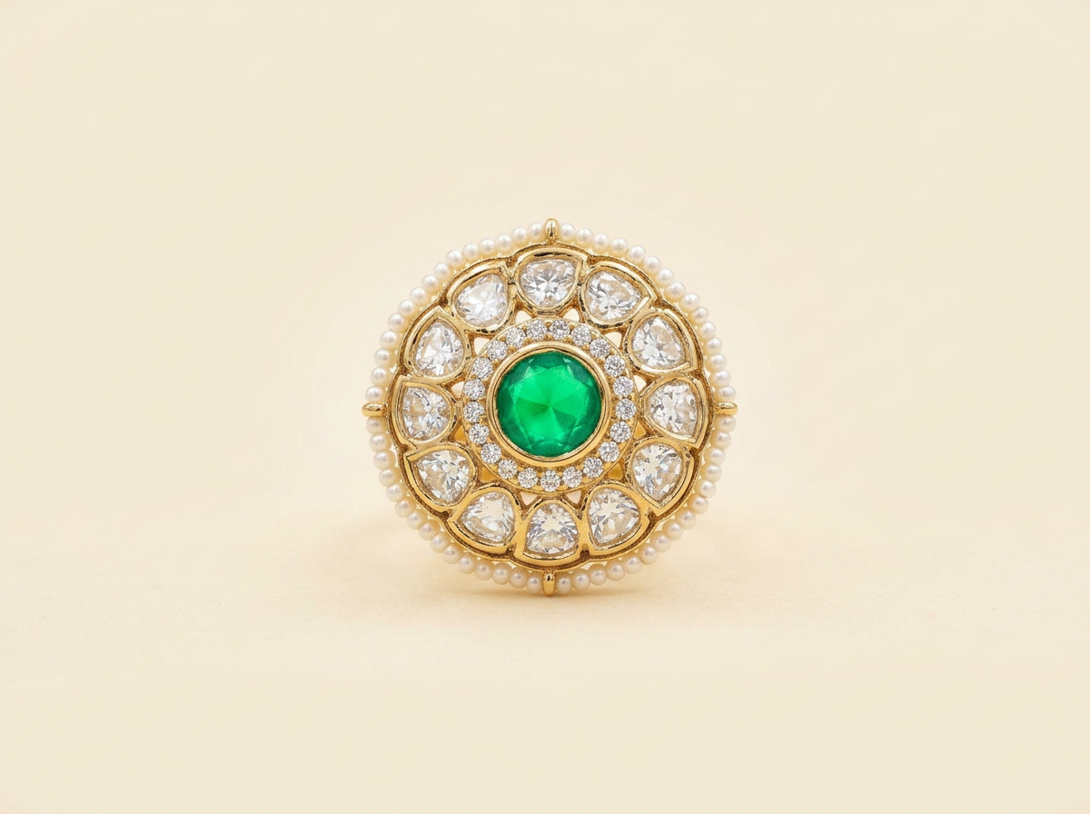 Zamrud — Emerald polki ring with pearl border